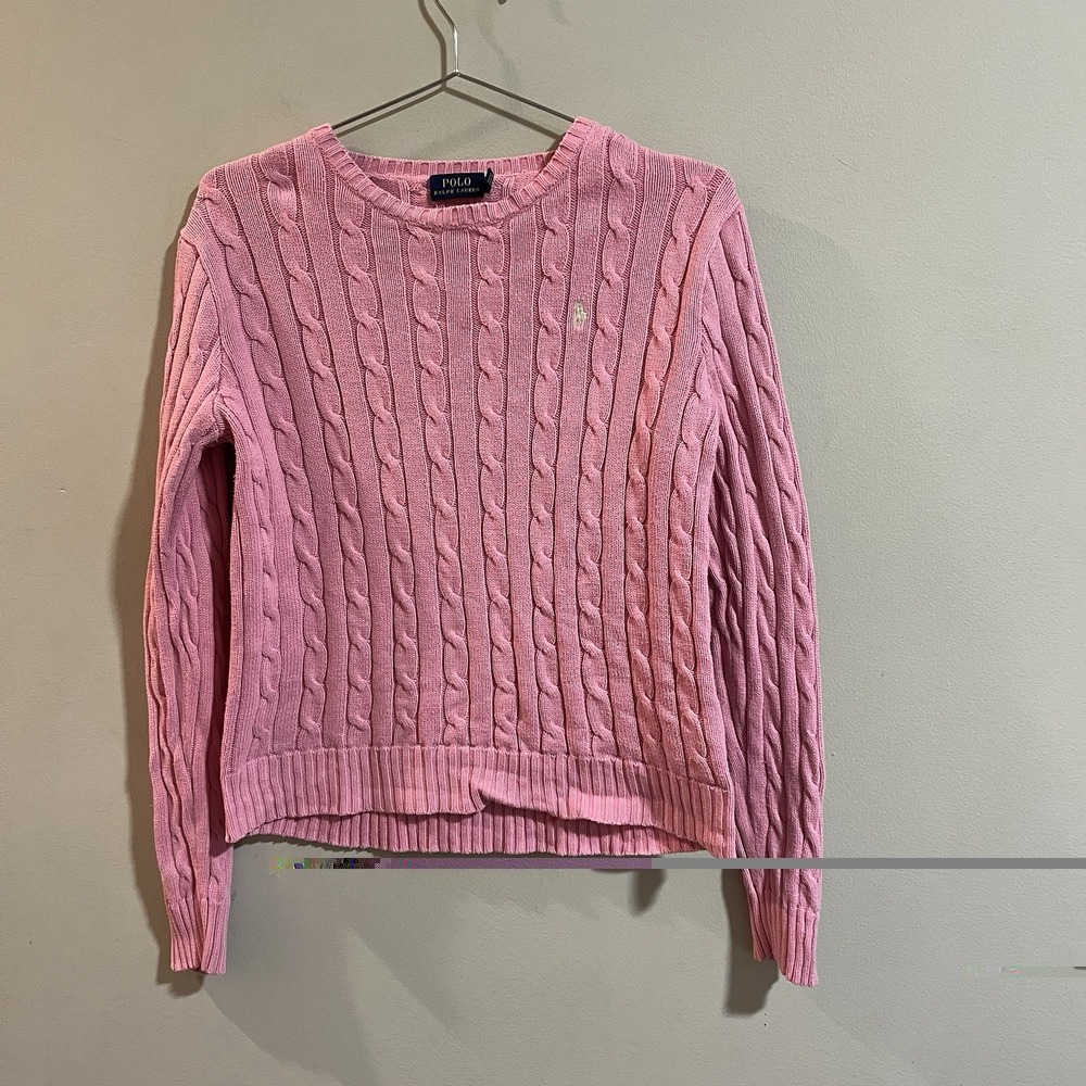 Polo Ralph Lauren Women Pink Cable-Knit Pullover Sweater Crew Neck Size M